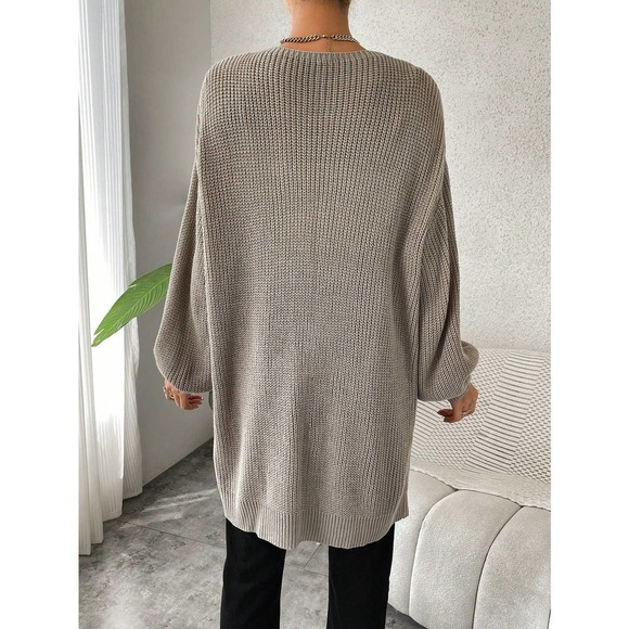 Minimalist Drop Shoulder Open Front Ribbed Knit Duster Cardigan sweater - Picture 2 of 11